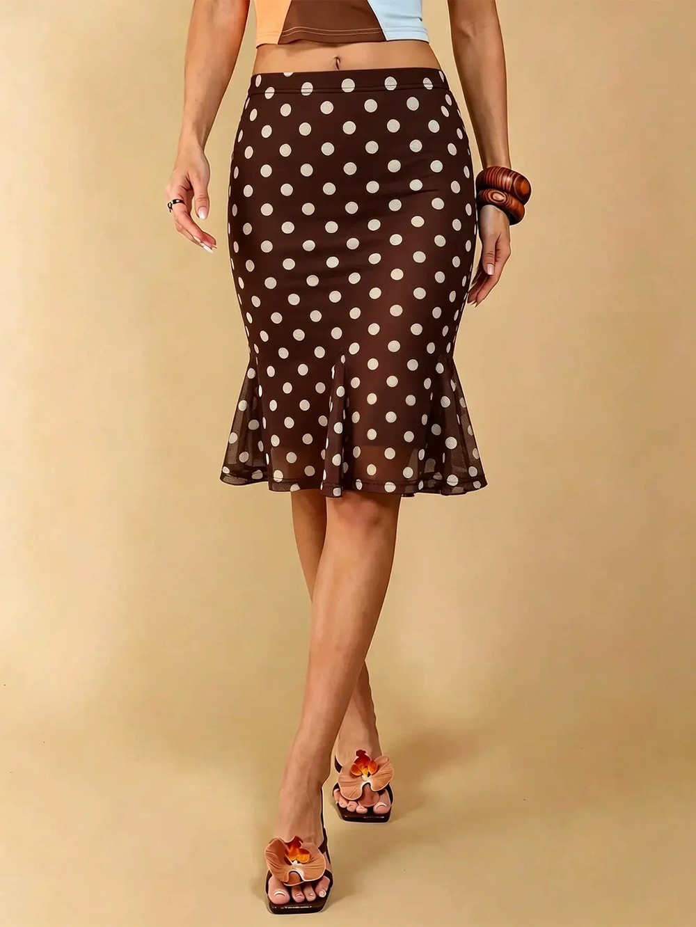 ZARA Summer Polka Dot Mesh Mermaid Skirt Vintage Ruffle Waist Slimming